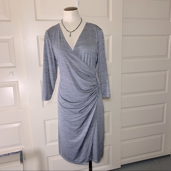 Notations Gray Midi Dress Rushed Faux Rap Deep V Neckline Sz XL P - Picture 5 of 11